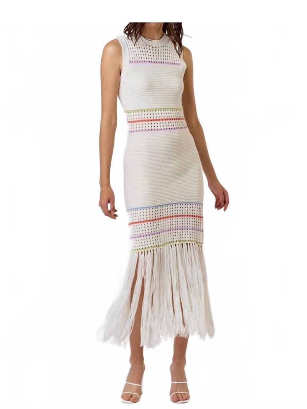 Sleeveless Ivory Maxi Dress with Fringe Hem and Colorful Accents Size M